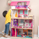 Little Angel Kids Wooden Multi-Level Dollhouse Pretend Play Set - Pink