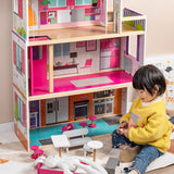 Little Angel Kids Wooden Multi-Level Dollhouse Pretend Play Set - Pink