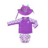 Zoocchini Baby Swim Set -Rash Guard Top, Swim Diaper & Sun Hat - Hippo