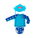 Zoocchini Baby Swim Set -Rash Guard Top, Swim Diaper & Sun Hat - Shark