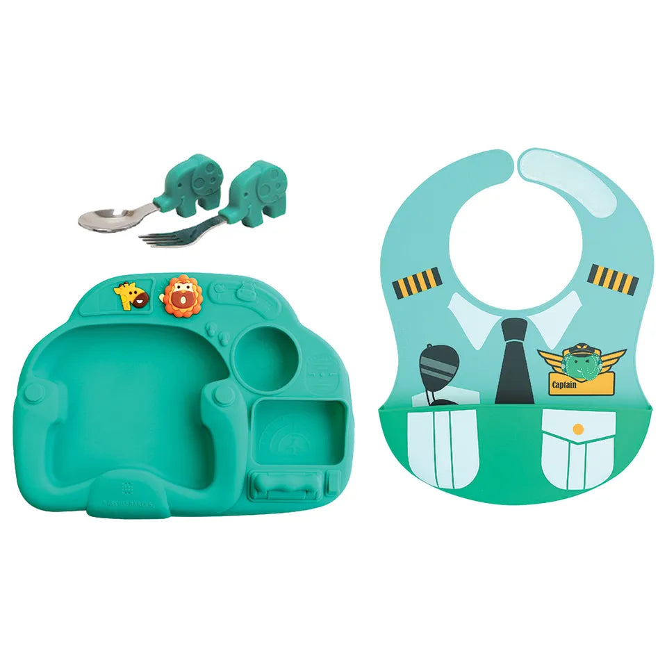 Marcus & Marcus - Silicone Creative Little Pilot Meal Time Set - Ollie - Laadlee