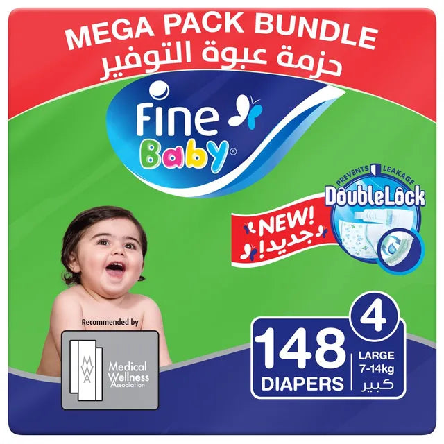 Fine Baby Diapers - Size 4 | Large | 7-14kg | 148pcs - Laadlee