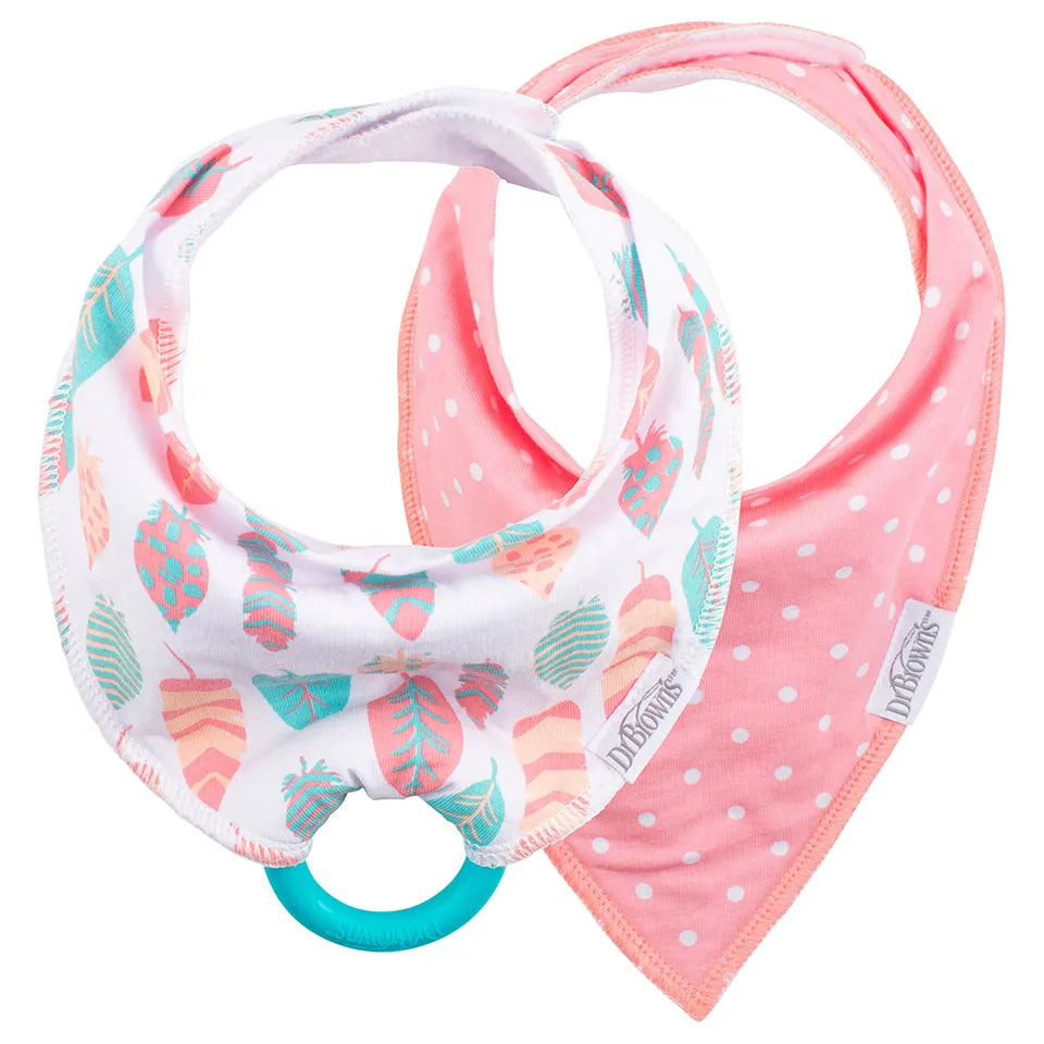 Dr. Brown's Bandana Bib with Teether - Flowers/Pink stripes Pack of 2 - Laadlee