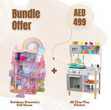 KidKraft Rainbow Dreamers Unicorn Mermaid Dollhouse With All Time Play Kitchen With Accessories - 38 pcs