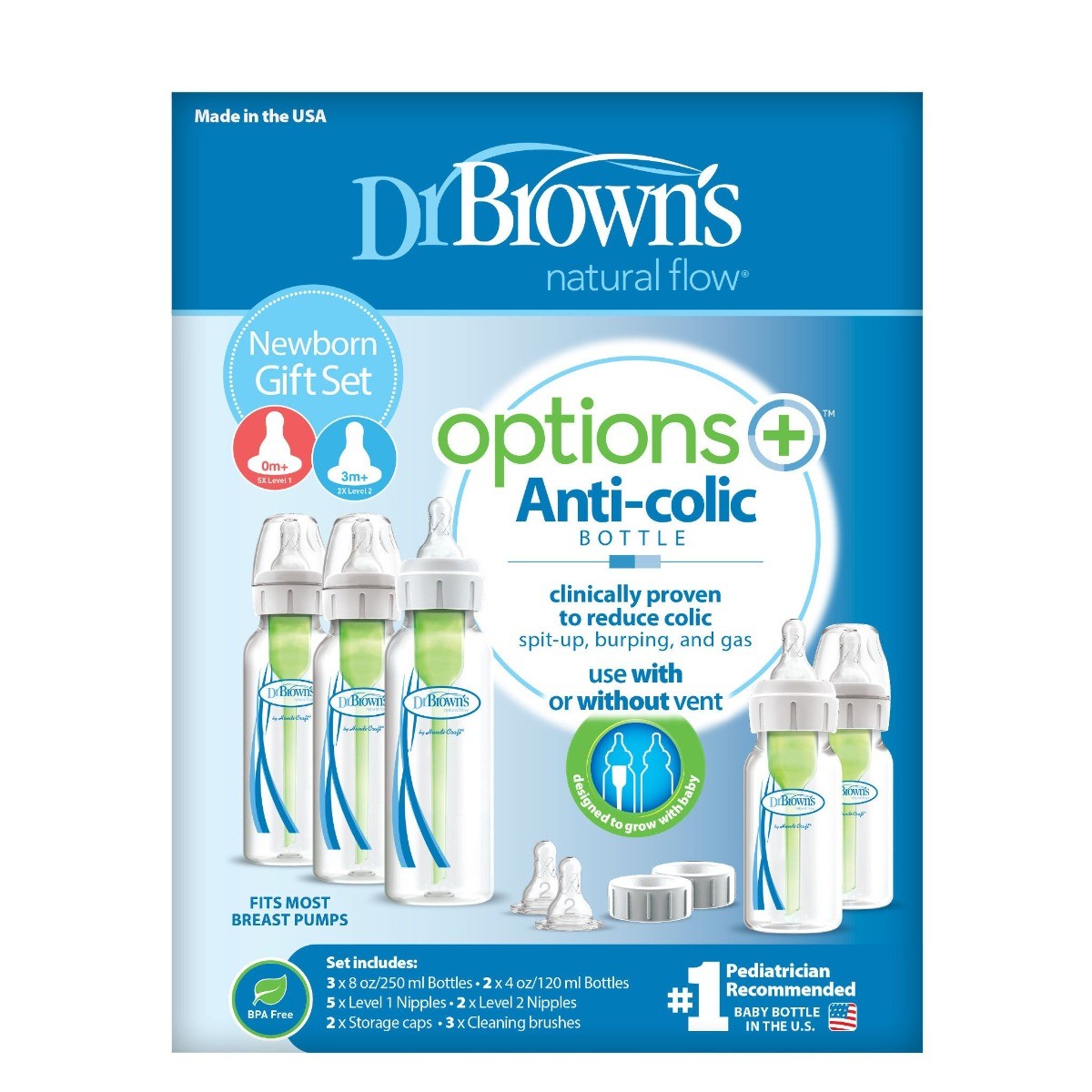 Dr. Brown's PP Narrow Options+ Newborn Feeding Set (3X250 Ml & 2X120 Ml Bottles, 2Xl2 Nipples, 2 Storage Caps, 3 Cleaning Brushes) - Laadlee