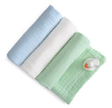 Anvi Baby Set of 3- Organic 6 layered Muslin Bath Towel - Green/White/Blue