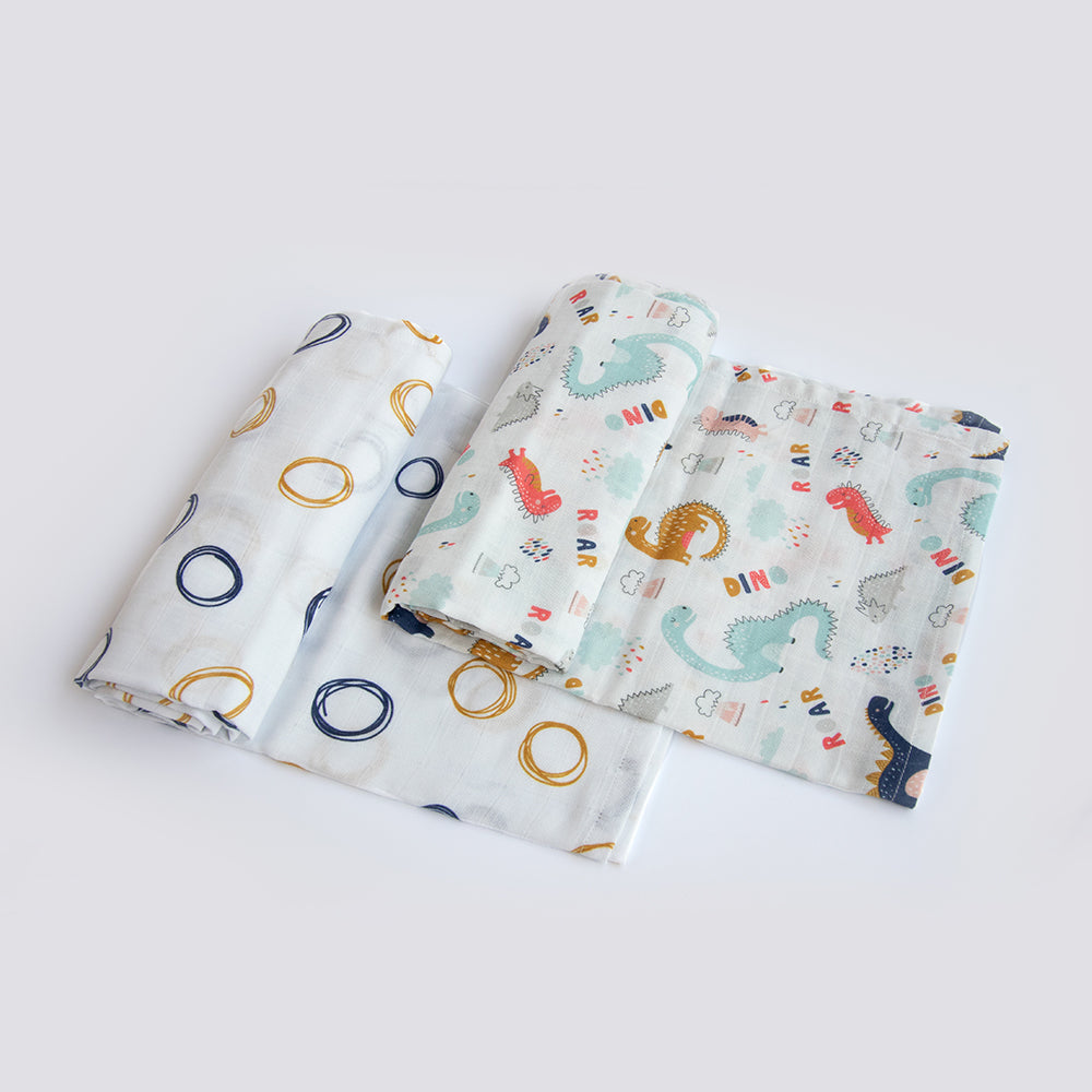Yellow Doodle Organic Luxury Swaddles Set - Dino Friend / Doodle Circles - Laadlee
