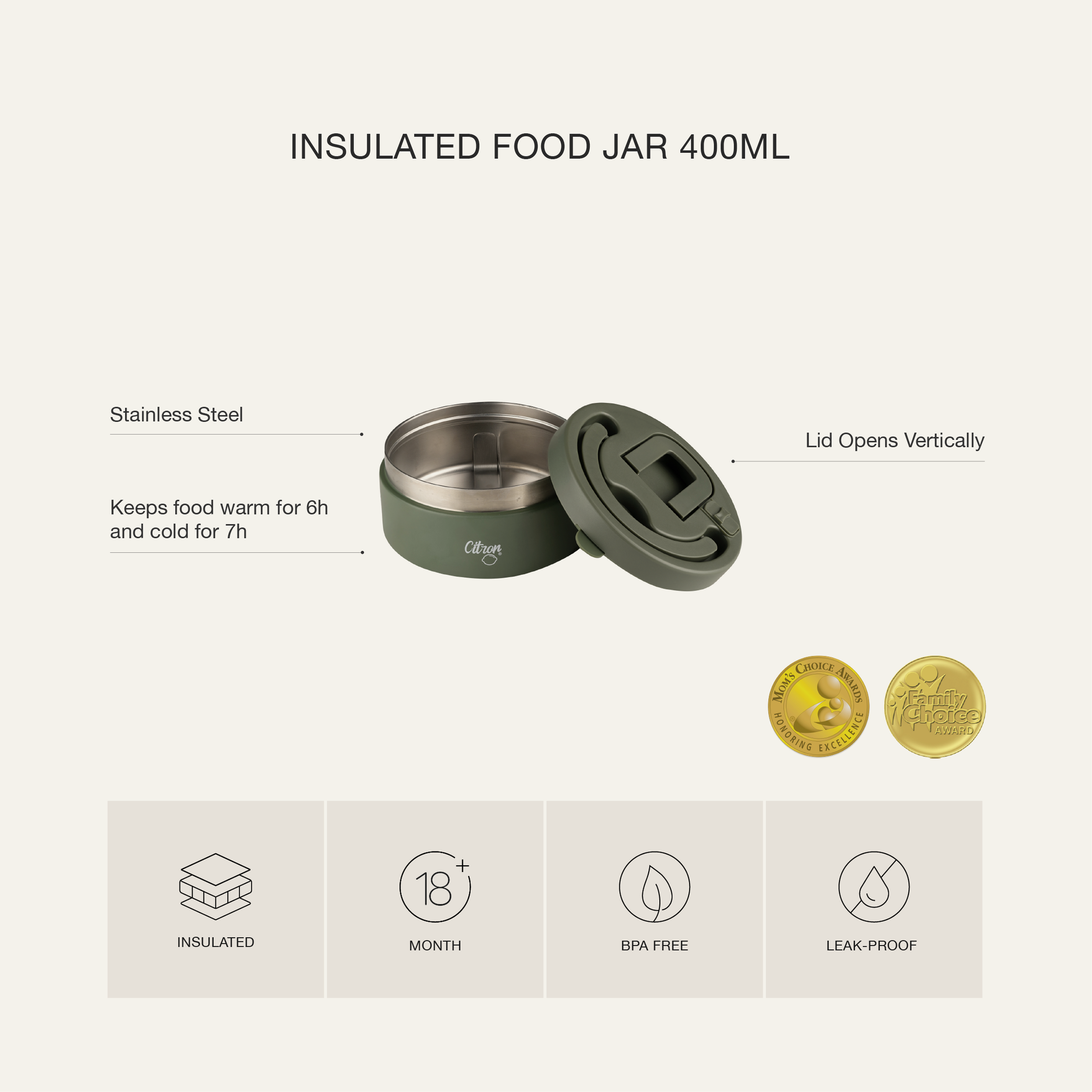 Citron Stainless Steel Food Jar 400ml - Beige - Laadlee