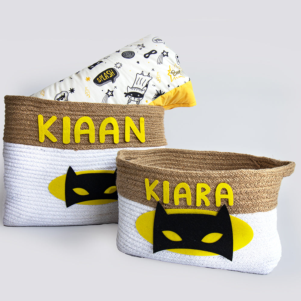 Yellow Doodle Cotton Rope Baskets - Superbaby (Set Of 2) - Laadlee