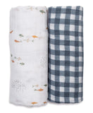 Lulujo 2-pack Cotton Swaddles - Fish / Navy Gingham - Laadlee