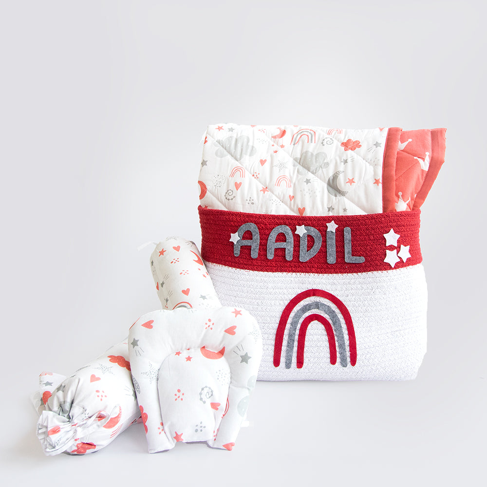 Yellow Doodle Organic Bedding Gift Basket - Magical Rainbows - Laadlee