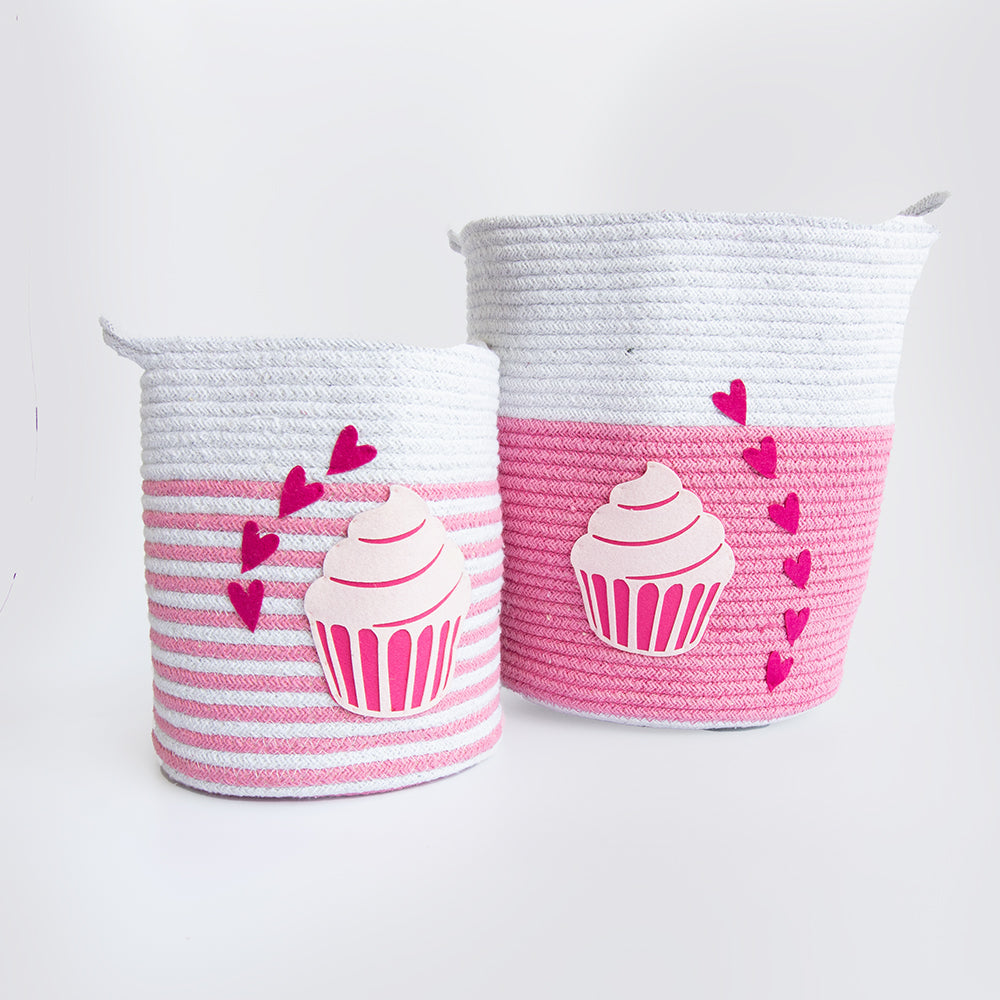 Yellow Doodle Cotton Rope Baskets - Magical Cupcake (Set Of 2) - Laadlee