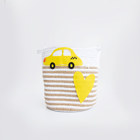 Yellow Doodle Cotton Rope Basket - Love for Cars (Medium) - Laadlee