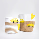 Yellow Doodle Cotton Rope Baskets - Love for Cars (Set Of 2) - Laadlee