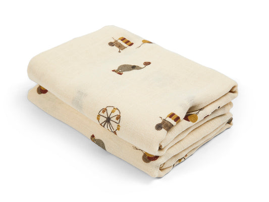Nuuroo Bao Muslin Cloth 2-pack with Print - Creme Circus (60 x 60 cm) - Laadlee