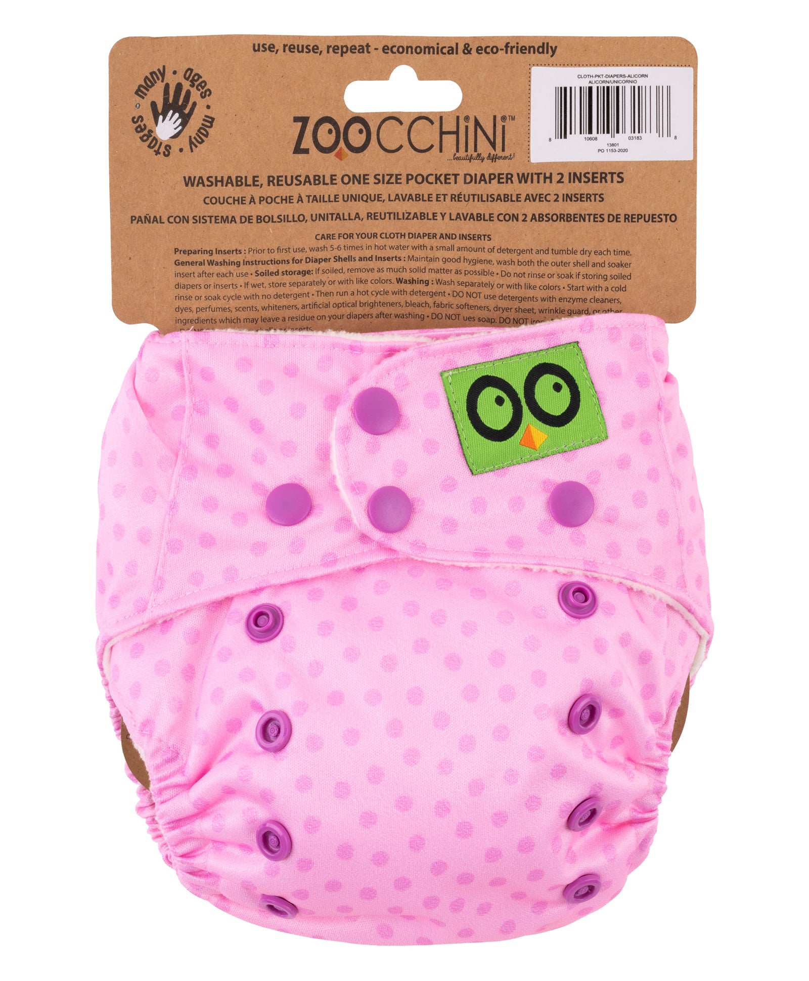 Zoocchini Reusable Cloth Pocket Diapers with 2 Inserts - Alicorn - Laadlee