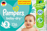 Pampers Baby-Dry Taped Diapers with Aloe Vera Lotion, up to 100% Leakage Protection, Size 3, 6-10kg, 136 Count - Laadlee