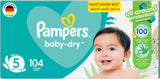 Pampers Baby-Dry Taped Diapers with Aloe Vera Lotion, up to 100% Leakage Protection, Size 5, 11-16kg, 104 Count - Laadlee