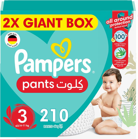 Pampers Baby-Dry Pants Diapers with Aloe Vera Lotion, 360 Fit & up to 100% Leakproof, Size 3, 6-11kg, Double Mega Box, 210 Count - Laadlee