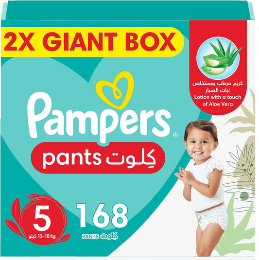 Pampers Baby-Dry Pants Diapers with Aloe Vera Lotion, 360 Fit & up to 100% Leakproof, Size 5, 12-18kg, Double Mega Box, 168 Count - Laadlee