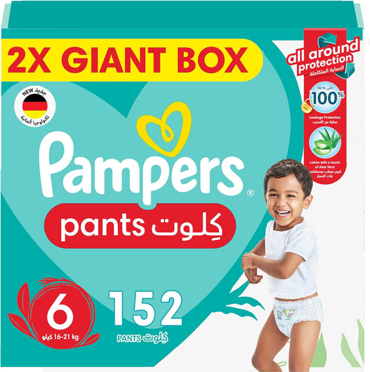 Pampers Baby-Dry Pants Diapers with Aloe Vera Lotion, 360 Fit & up to 100% Leakproof, Size 6, 16-21kg, Double Giant Box, 152 Count - Laadlee