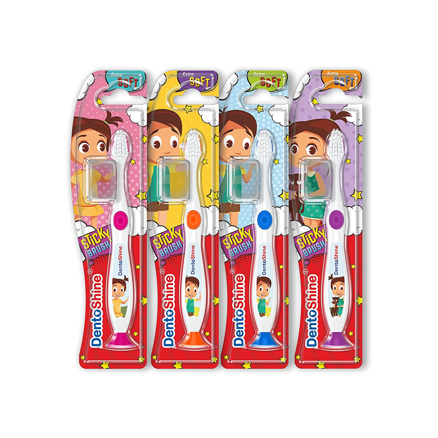 DentoShine Sticky Extra Soft Toothbrush - Pack of 4 (Age 2+) - Laadlee