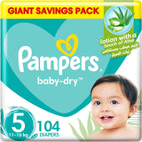 Pampers Baby-Dry Taped Diapers with Aloe Vera Lotion, up to 100% Leakage Protection, Size 5, 11-16kg, 104 Count - Laadlee