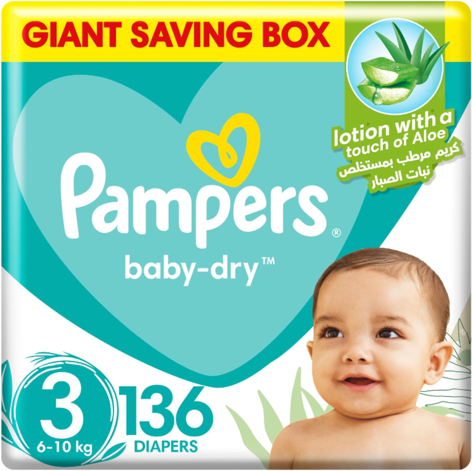 Pampers Baby-Dry Taped Diapers with Aloe Vera Lotion, up to 100% Leakage Protection, Size 3, 6-10kg, 136 Count - Laadlee