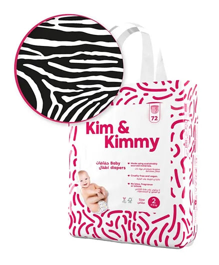Kim & Kimmy - Size 2 Zebra Diapers, 4 - 8kg, qty 72 - Laadlee