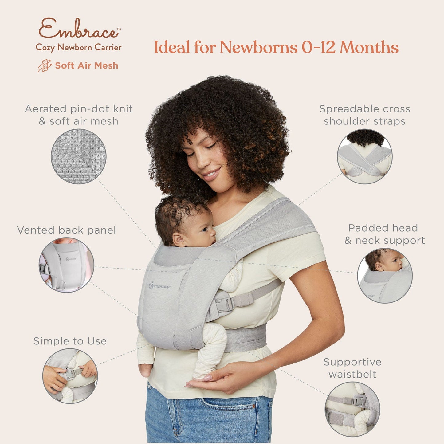 Ergobaby Embrace Soft Air Mesh Newborn Baby Carrier - Soft Grey - Laadlee