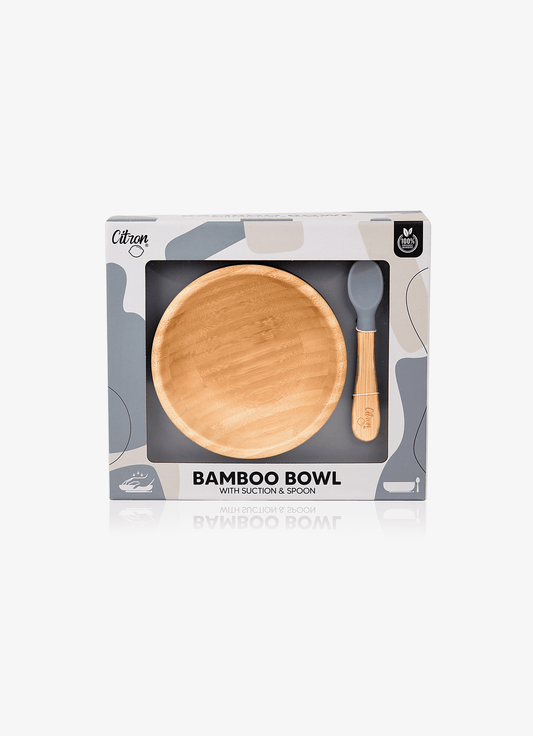 Citron Organic Bamboo Bowl 300ml Suction & Spoon - Dusty Blue - Laadlee