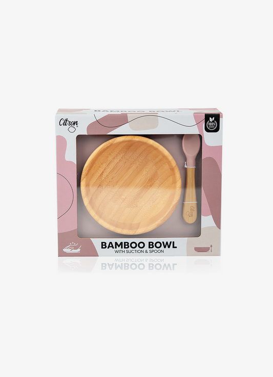 Citron Organic Bamboo Bowl 300ml Suction & Spoon - Blush Pink - Laadlee