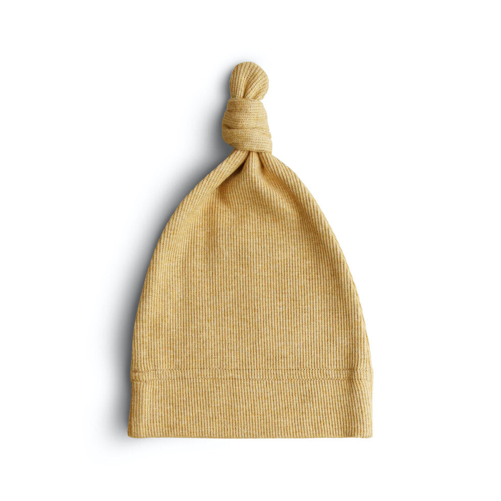 Mushie Ribbed Baby Beanie Mustard Melange - Laadlee