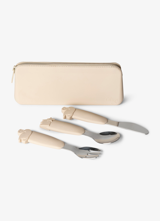 Citron Silicone Cutlery Set with Pouch - Beige - Laadlee