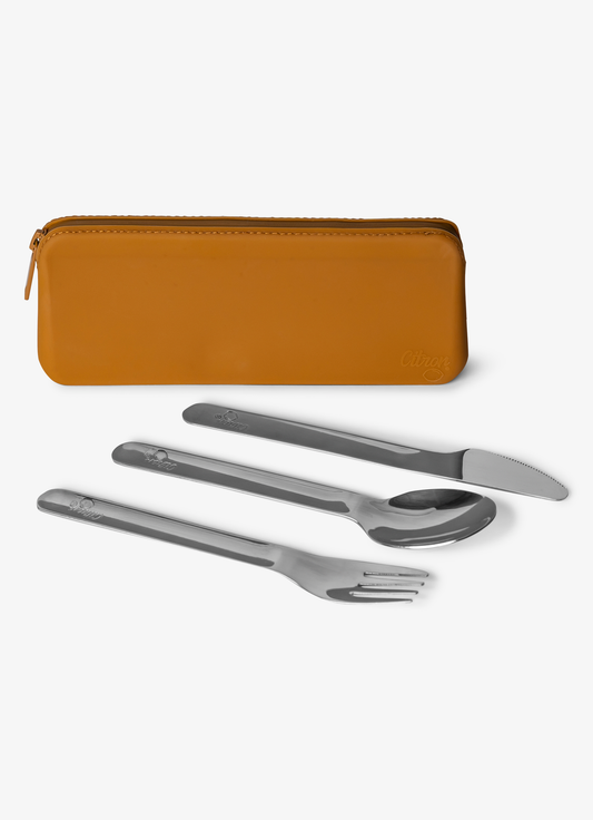 Citron Stainless Steel Cutlery with Pouch - Caramel - Laadlee