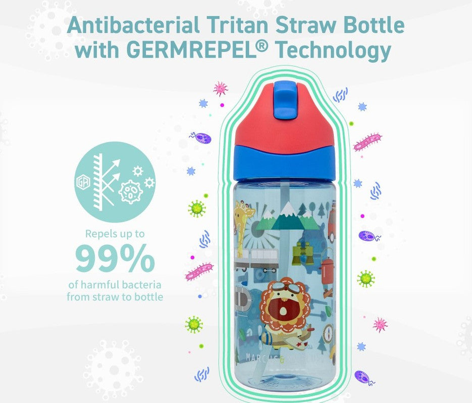 Marcus & Marcus - Germ Repel Tritan Straw Water Bottle - Transportation, 400ml - Green - Laadlee