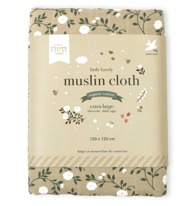 A Little Lovely Company Muslin Cloth XL - Blossom - Dark Sage - Laadlee