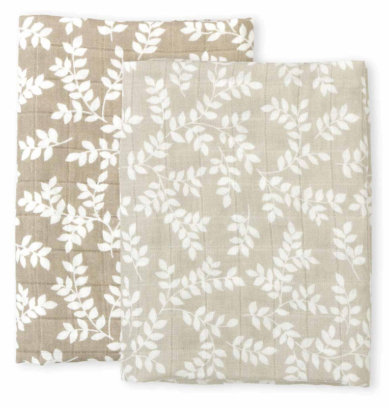 A Little Lovely Company Muslin Cloth Set of 2 - Leaves - Taupe - Laadlee