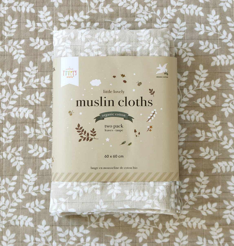 A Little Lovely Company Muslin Cloth Set of 2 - Leaves - Taupe - Laadlee
