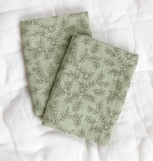 A Little Lovely Company Muslin Cloth Set of 2 - Leaves - Sage - Laadlee