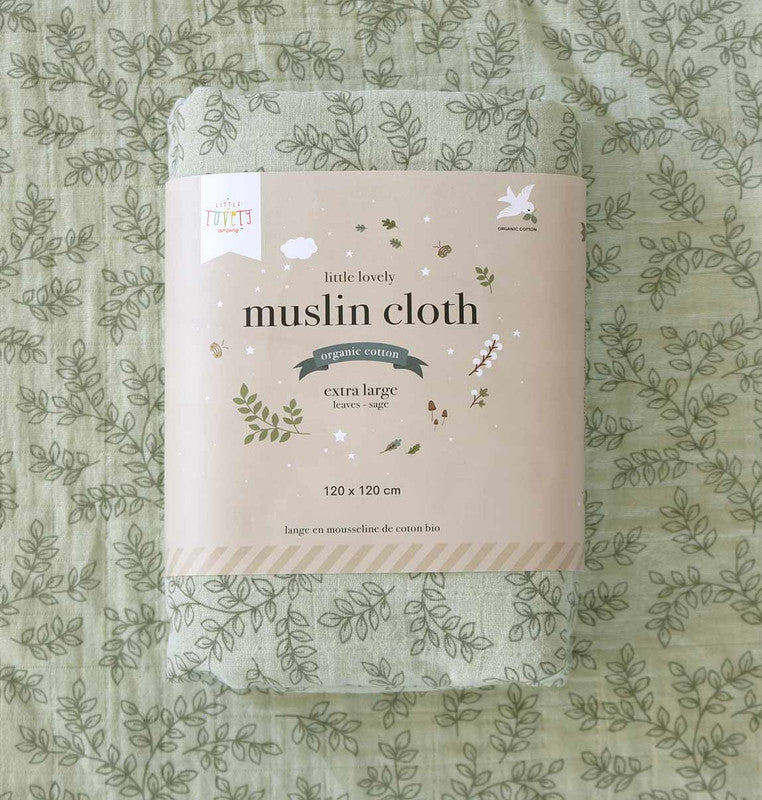 A Little Lovely Company Muslin Cloth XL - Leaves - Sage - Laadlee