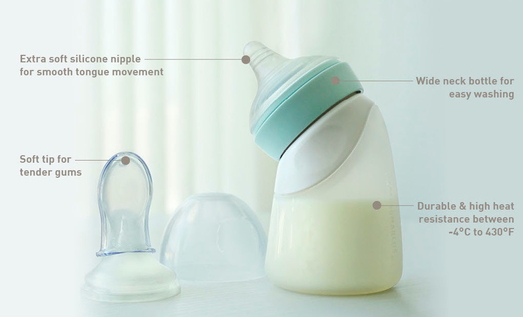 Marcus & Marcus - Silicone Angled Feeding Bottle & Dispensing Spoon Set- Mint - Laadlee
