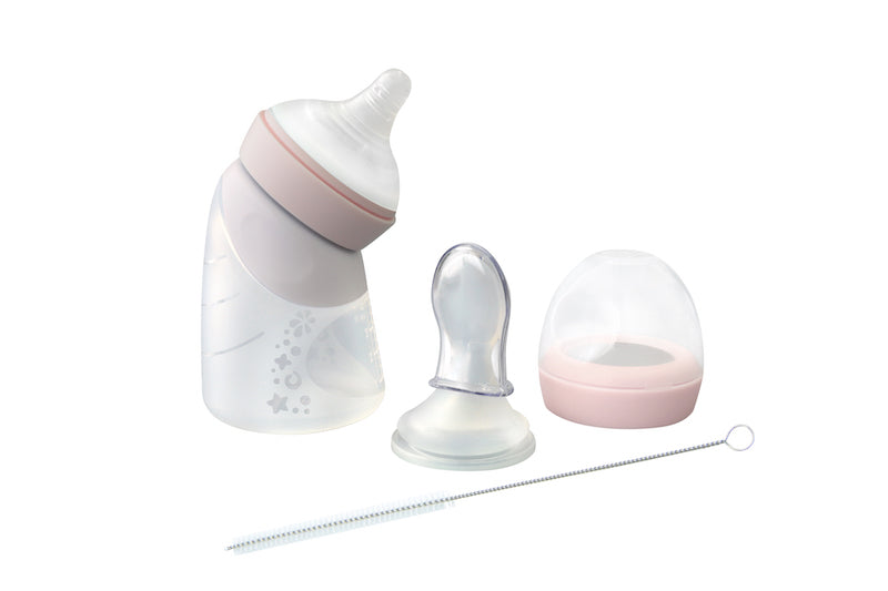 Marcus & Marcus - Silicone Angled Feeding Bottle & Dispensing Spoon Set - Peach - Laadlee
