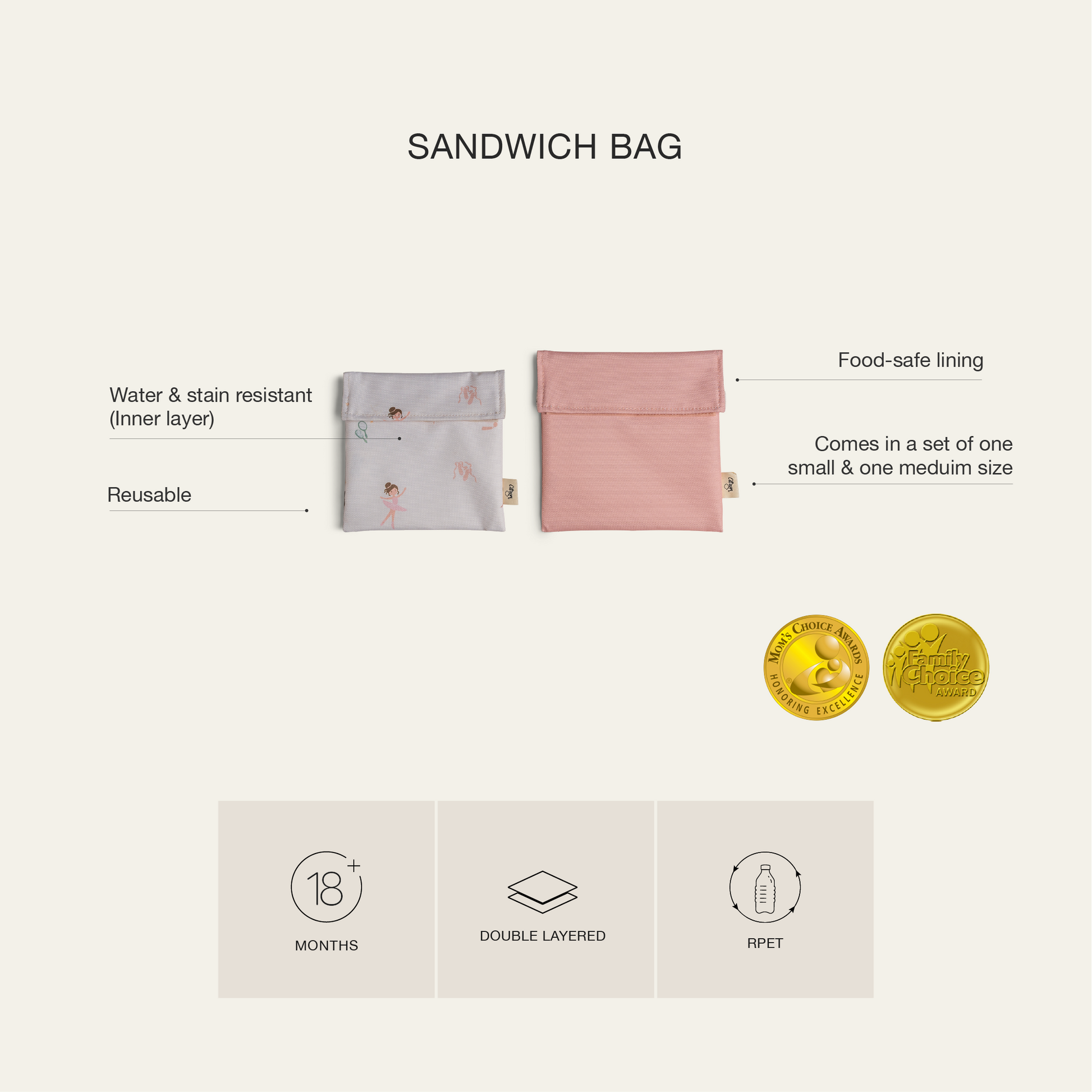 Citron Reusable Sandwich Bag Set of 2 - Ballerina/Blush Pink - Laadlee