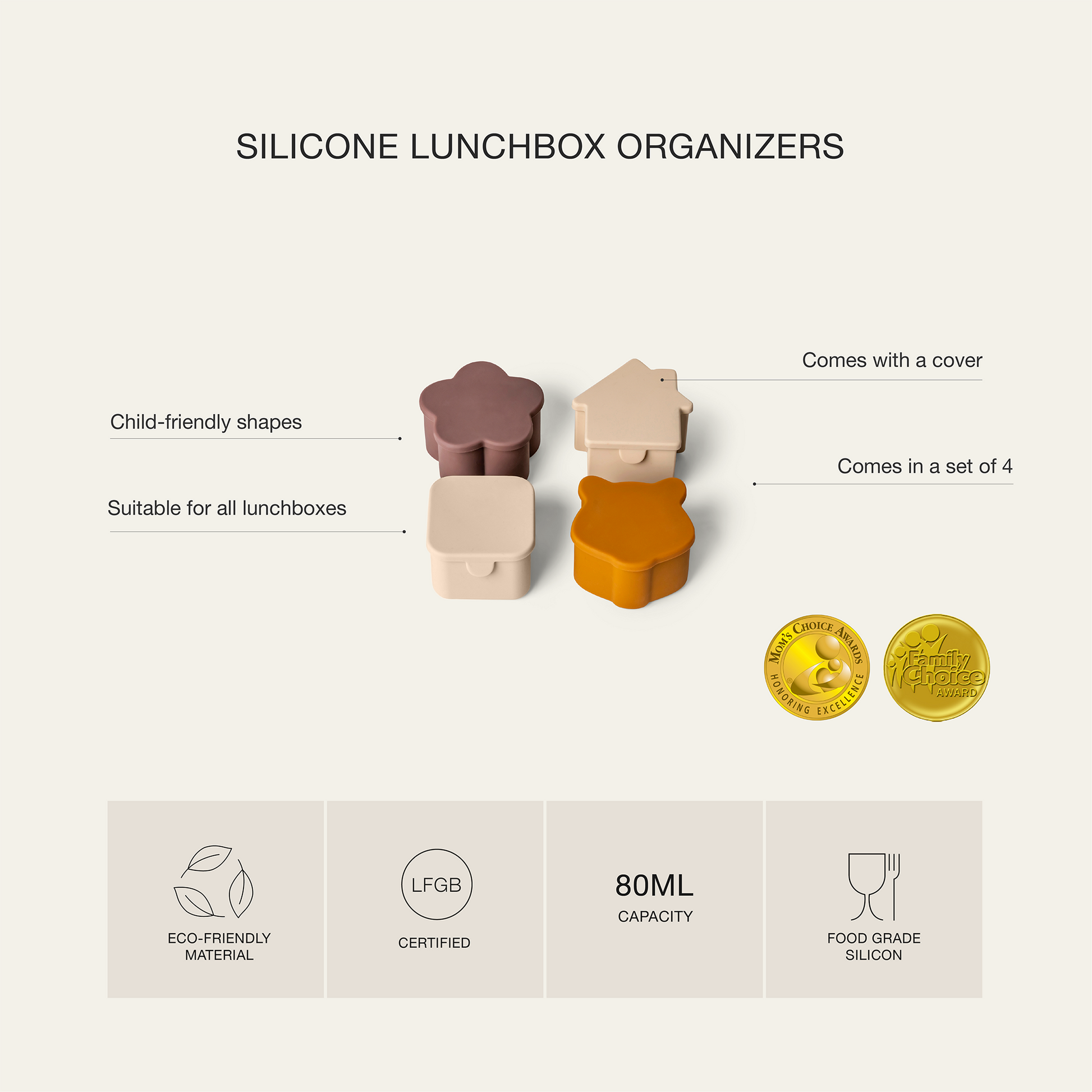 Citron Silicone Lunchbox Organizers Set of 4 - Beige/Plum/Caramel - Laadlee
