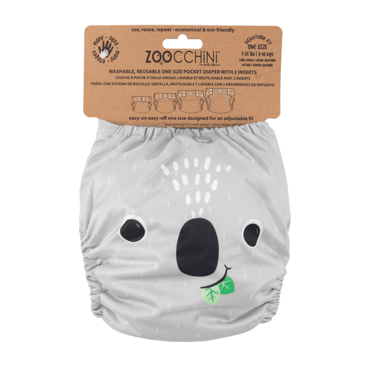 Zoocchini Reusable Cloth Pocket Diapers with 2 Inserts - Koala - Laadlee