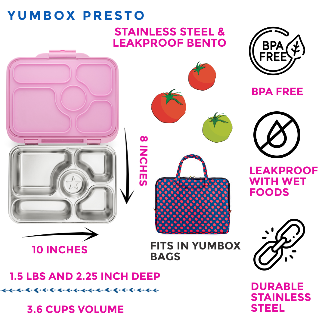 Yumbox Presto 5 Compartment Stainless Steel Lunch Box - Rose Pink - Laadlee