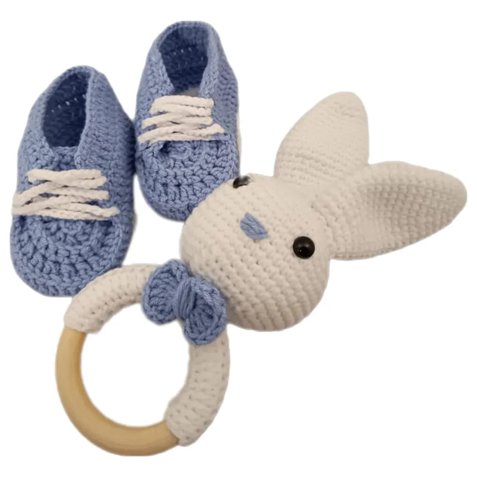 Pikkaboo HeavenlyHugs Mr. Rabbit Handmade Crochet Teether and Booties - Laadlee