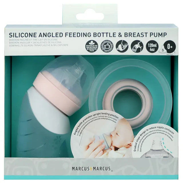 Marcus & Marcus - 2 in 1 Silicone Breast Pump & Angled Feeding Bottle Set - Peach - Laadlee