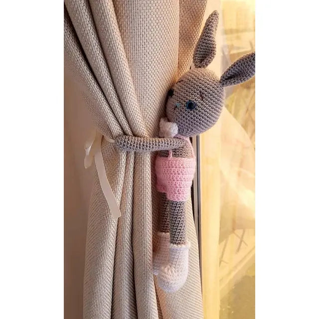 Pikkaboo Crochet Bunny Tieback Clips Pair - Pink and Grey - Laadlee